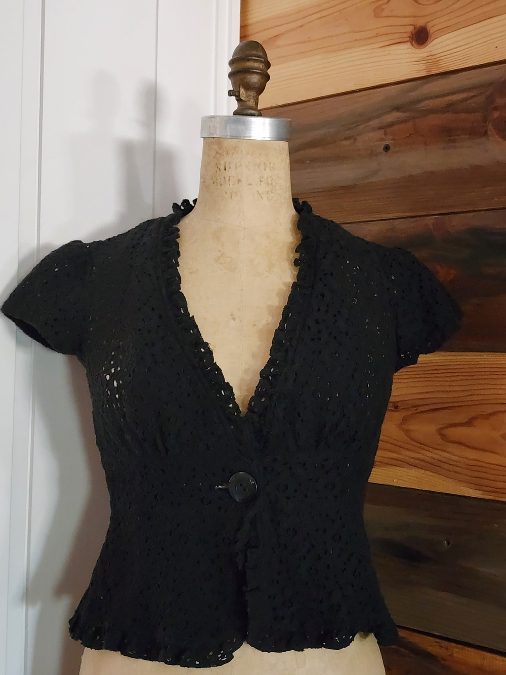 Black Eyelet Short Sleeve Button Front Top